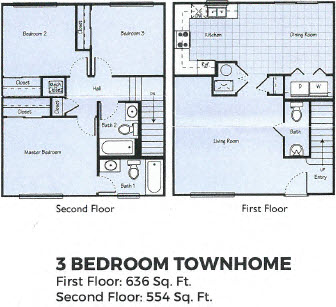 Floor plan for 3 beds, 2.5 baths, 1190 sqft